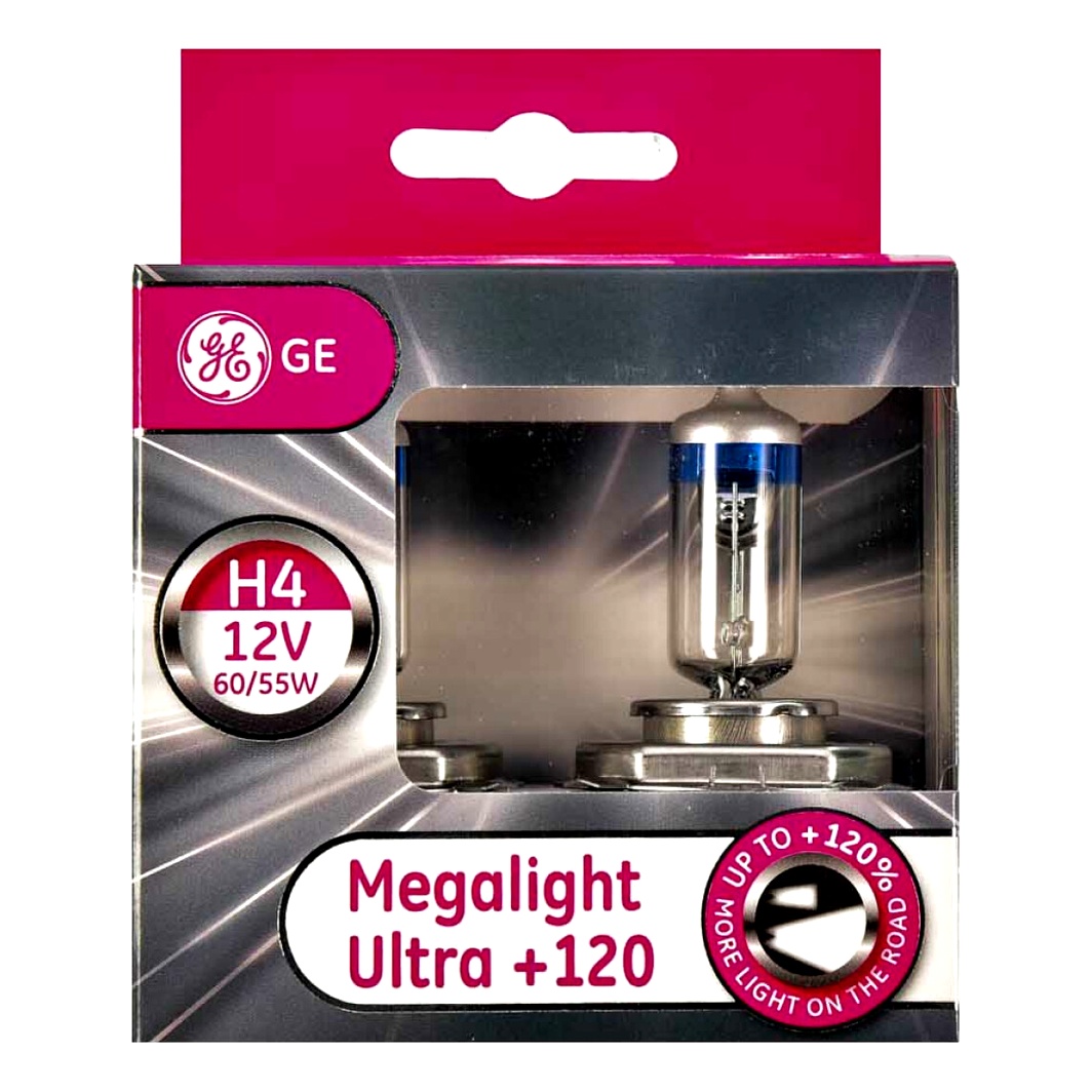 Автолампа галогенова GENERAL ELECTRIC Megalight Ultra +120 H4 P43t 55W 12V прозоро-блакитна 50440SNU2D - zapix