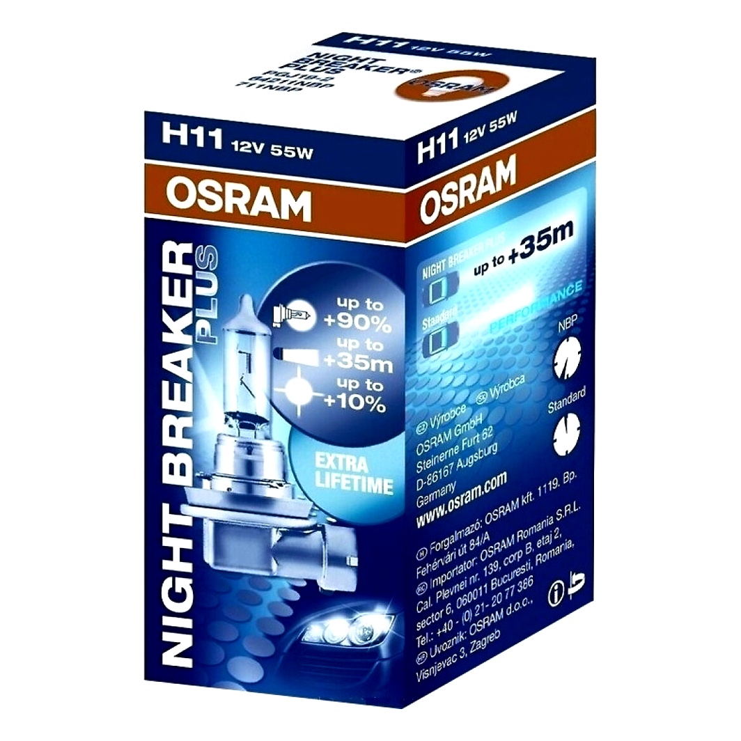 Автолампа галогенова OSRAM Night Breaker Plus H11 PGJ19-2 55W 12V прозоро-блакитна 64211NBP - zapix