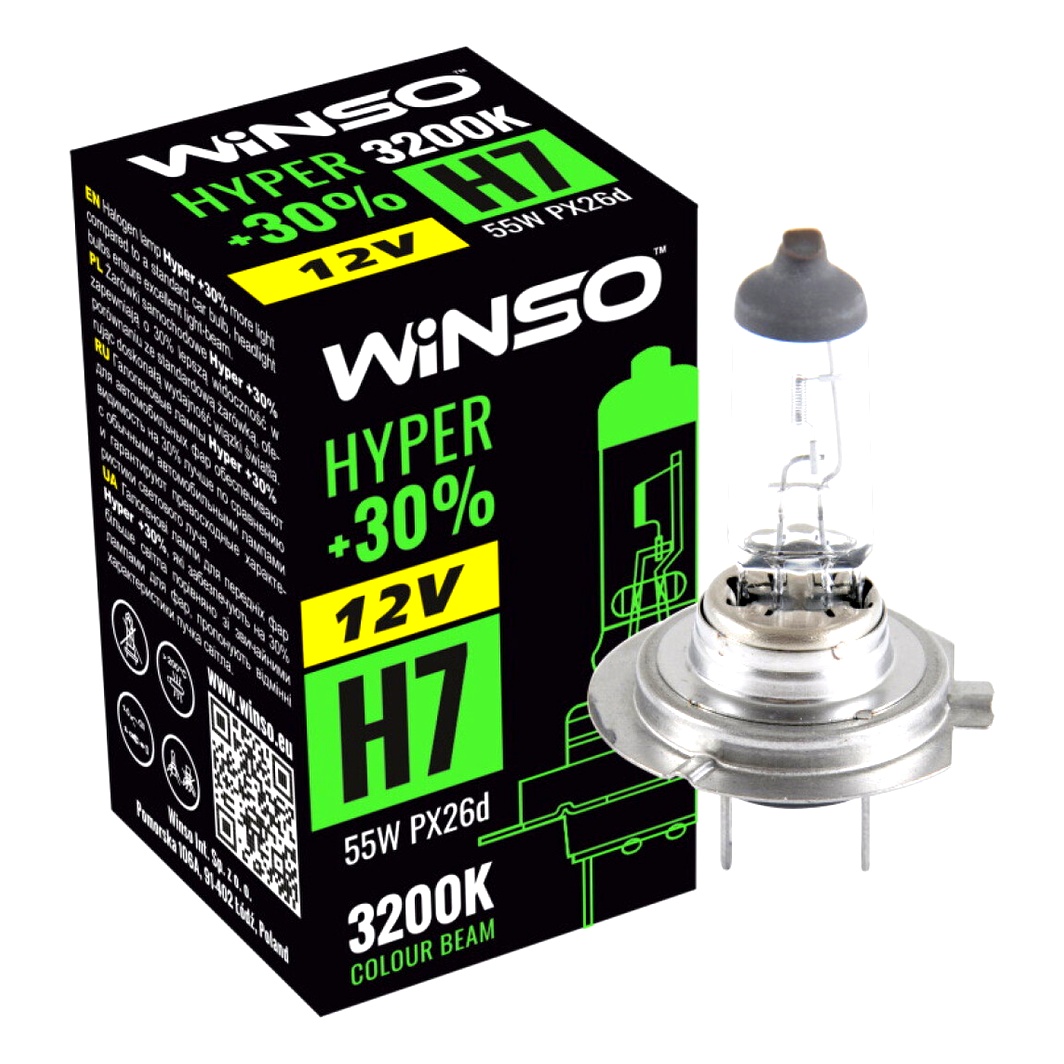Автолампа галогеновая WINSO Hyper +30% H7 PX26d 55W 12V прозрачная 712700 - zapix