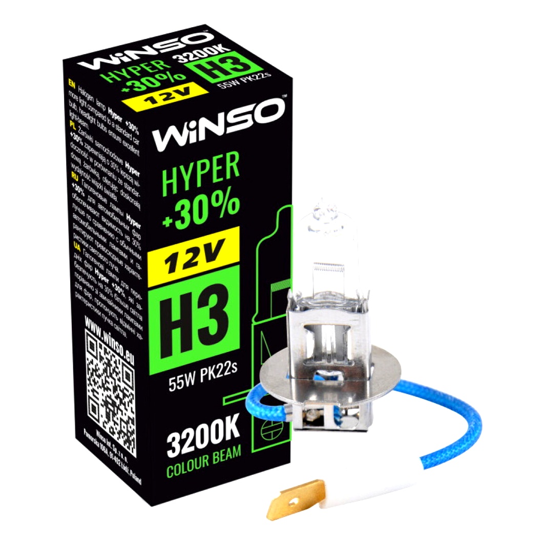 Автолампа галогенова WINSO Hyper +30% H3 PK22s 55W 12V прозора 712300 - zapix