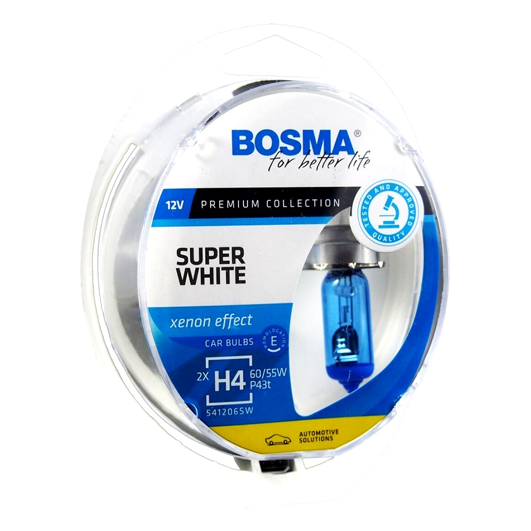 Автолампа галогенова BOSMA Super White H4 P43t 55W 12V прозоро-блакитна 3462 - zapix