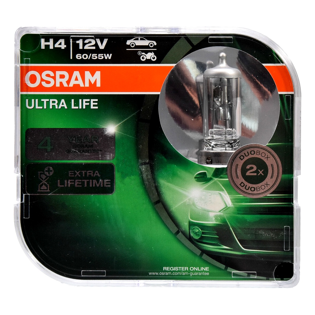 Автолампа галогеновая OSRAM Ultra Life H4 P43t 55W 12V прозрачная 64193ULTHCB - zapix