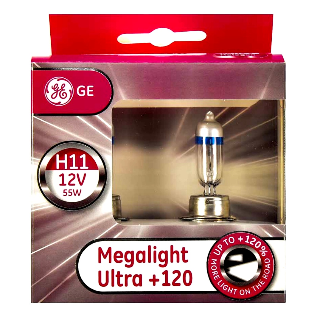 Автолампа галогеновая GENERAL ELECTRIC Megalight Ultra +120 H11 PGJ19-2 55W 12V прозрачно-голубая 53110SNU2D - zapix
