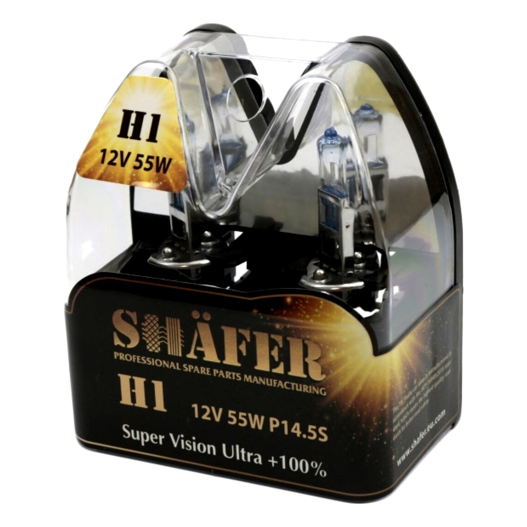 Автолампа галогенова SHAFER Super Vision Ultra +100% H1 P14.5s 55W 12V прозора SL3001 - zapix