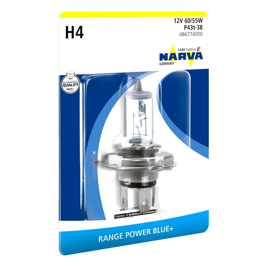 Автолампа галогенова NARVA Range Power Blue+ H4 P43t-38 55W 12V прозоро-блакитна 486774000 - zapix