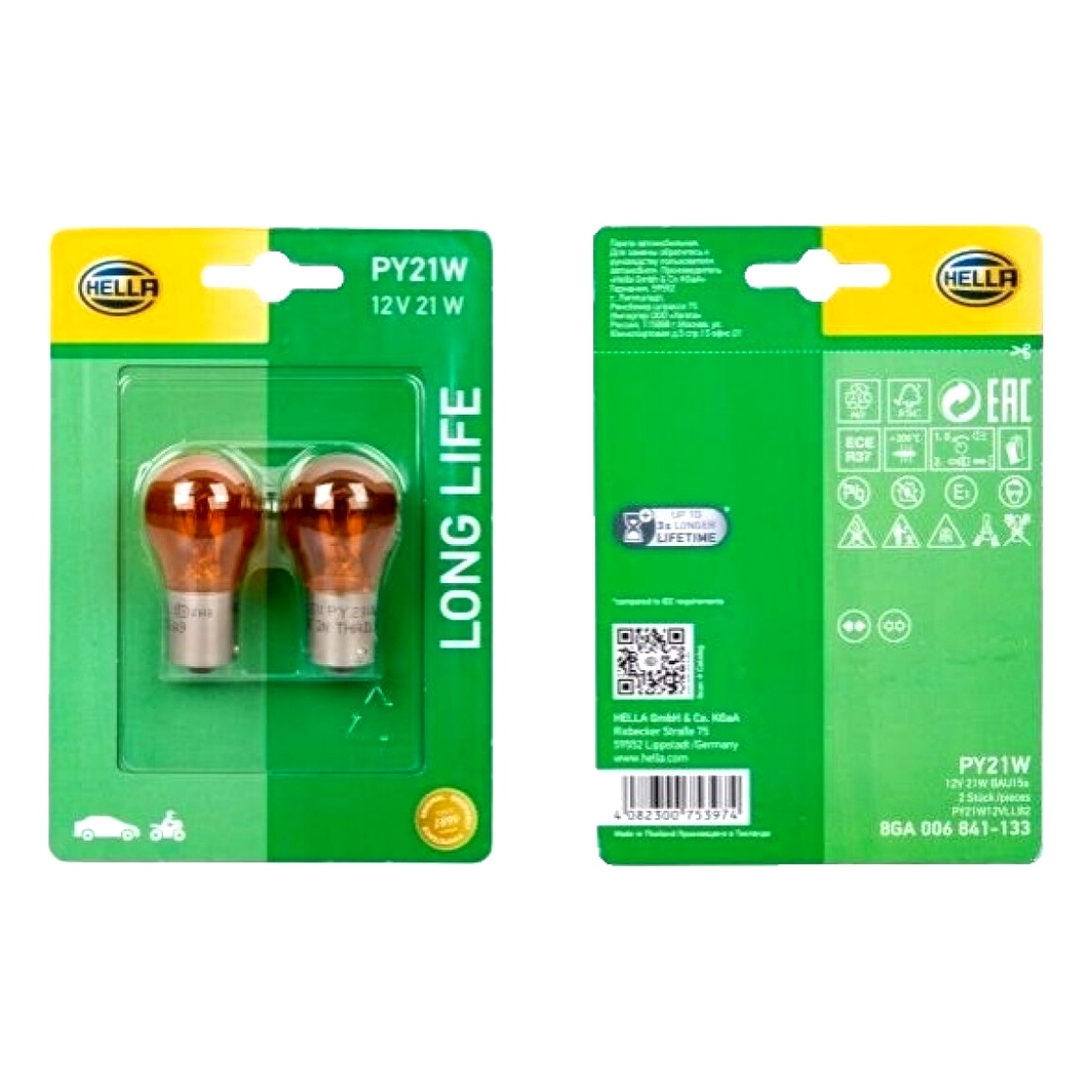 Автолампа розжарювання HELLA Lifetime Long Life PY21W BAU15s 21W 12V жовта 8GA006841133 - zapix