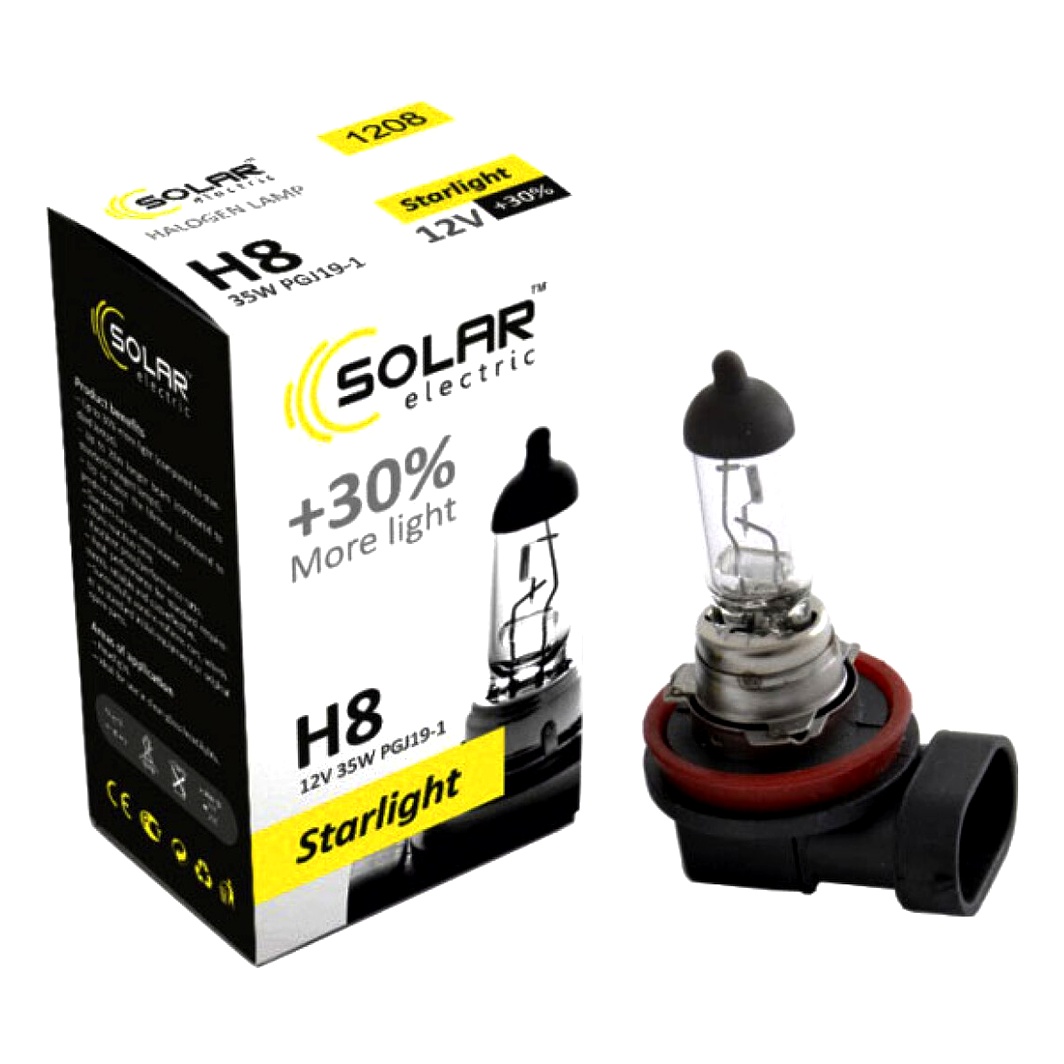 Автолампа галогенова SOLAR Starlight +30 H8 PGJ19-1 35W 12V прозора 1208 - zapix