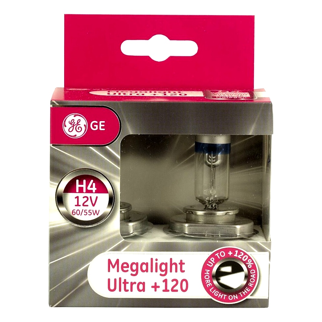 Автолампа галогеновая GENERAL ELECTRIC Megalight Ultra +120 H4 P43t 55W 12V прозрачно-голубая 50440SNU - zapix
