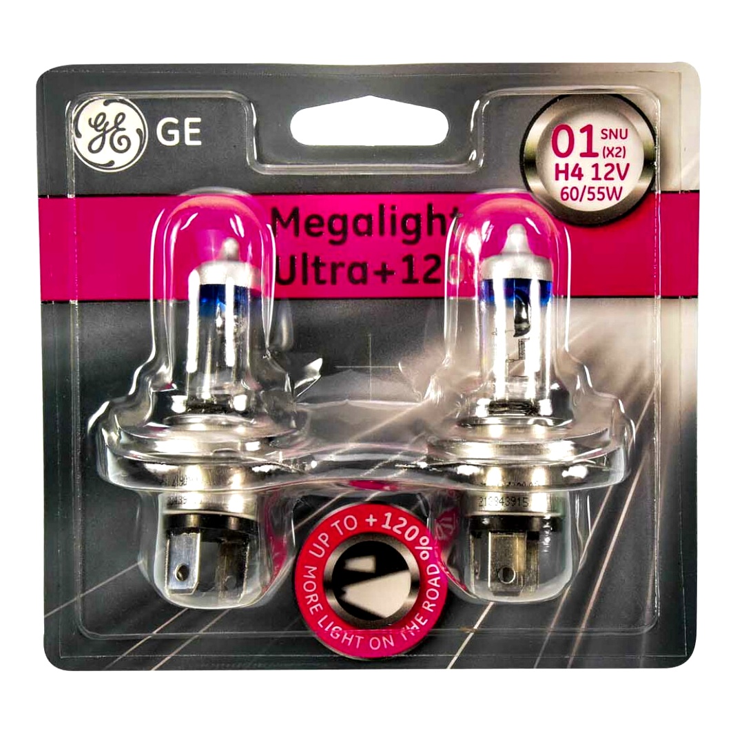 Автолампа галогенова GENERAL ELECTRIC Megalight Ultra +120 H4 P43t 55W 12V прозоро-блакитна 50440SNU2B - zapix