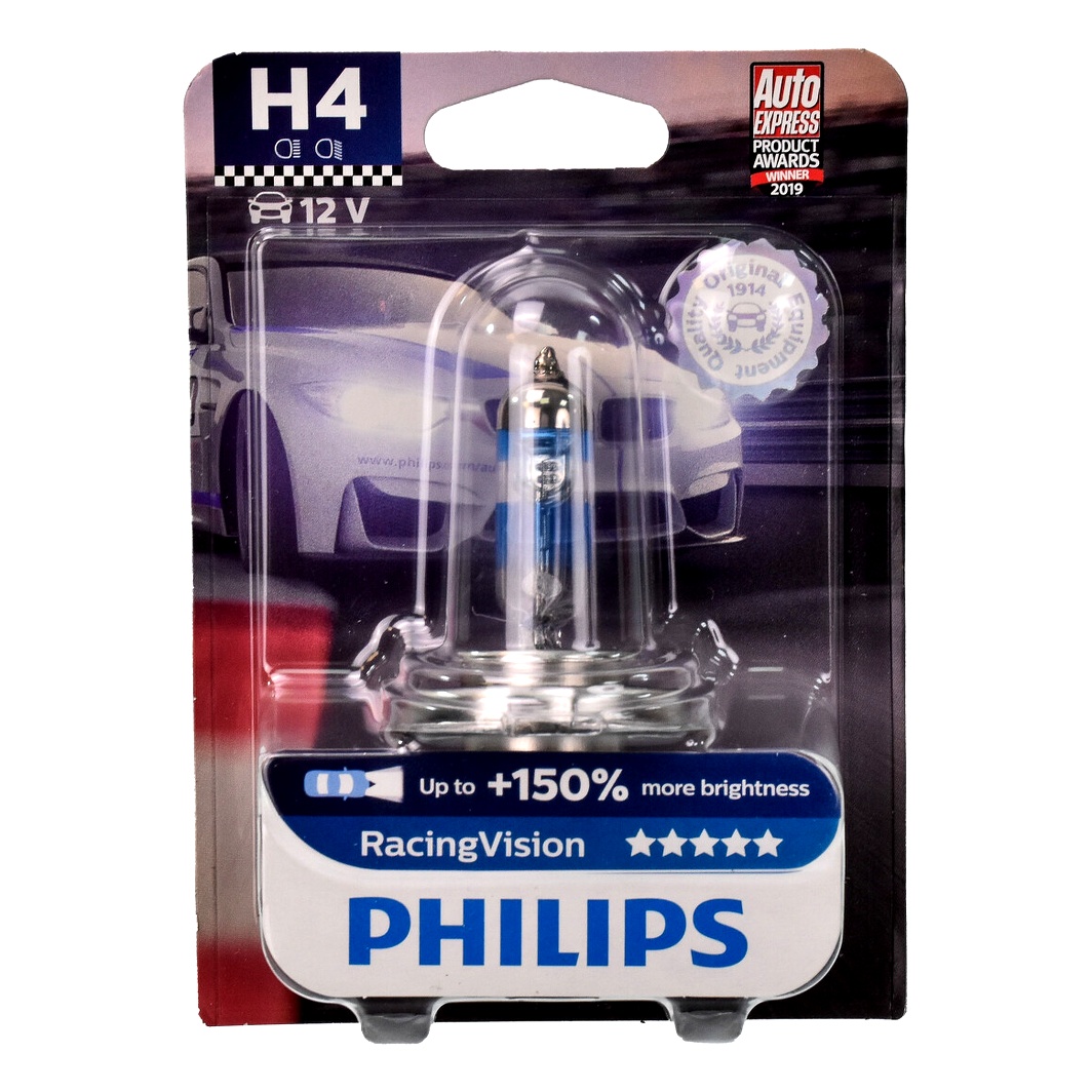Автолампа галогеновая PHILIPS RacingVision H4 P43t-38 55W 12V прозрачно-голубая 12342RVB1 - zapix