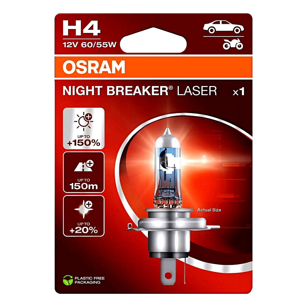 Автолампа галогенова OSRAM Night Breaker Laser H4 P43t 55W 12V прозоро-блакитна 64193NL1BL - zapix