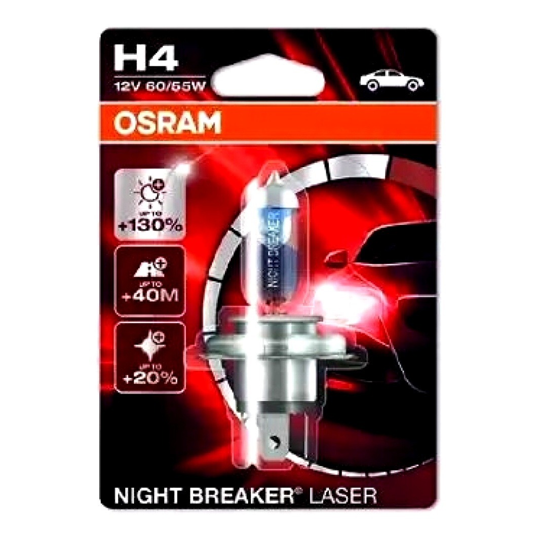 Автолампа галогеновая OSRAM Night Breaker Laser H4 P43t 55W 12V прозрачно-голубая 64193NBL01B - zapix