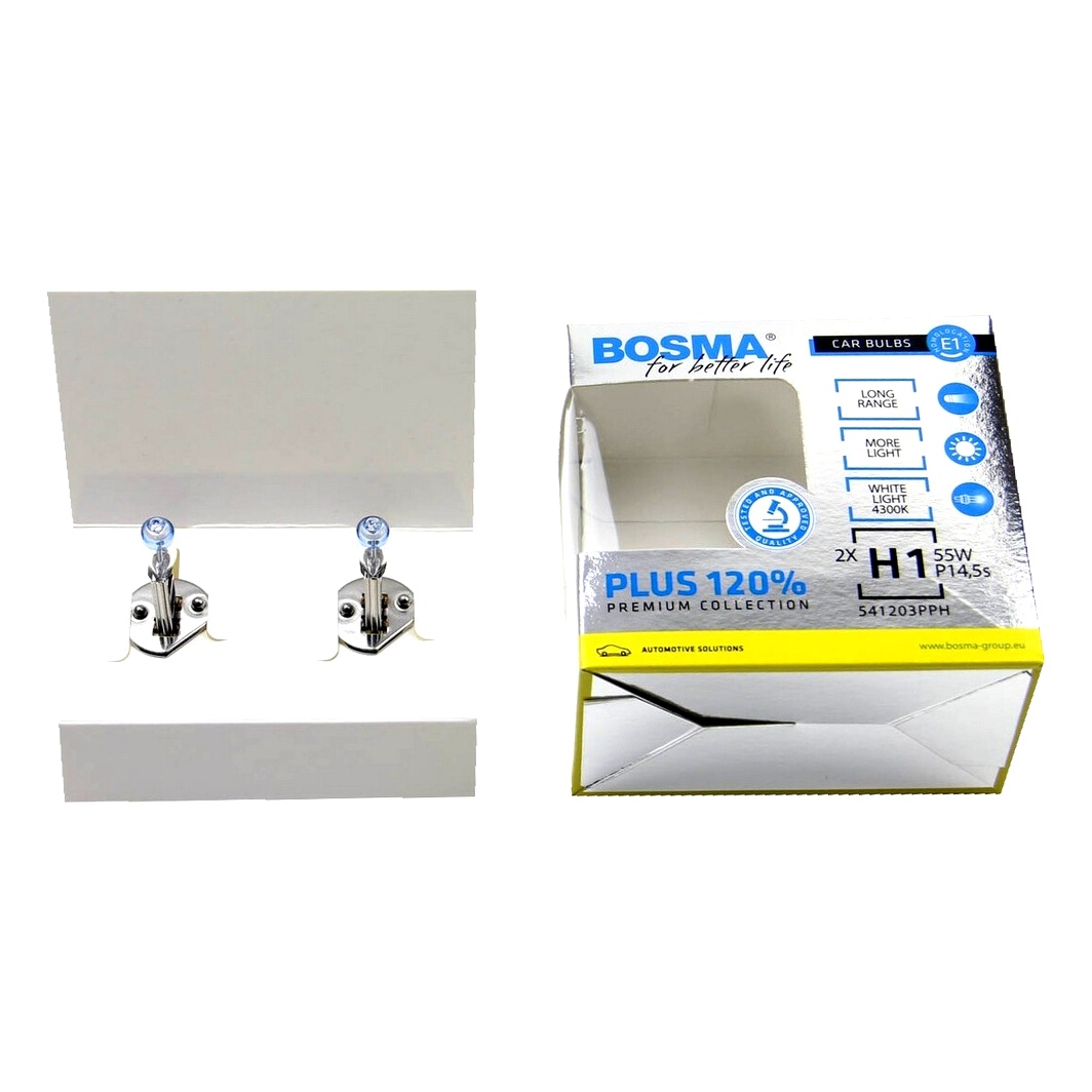Автолампа галогеновая BOSMA PLUS 120% H1 P14.5s 55W 12V прозрачно-голубая 5479 - zapix