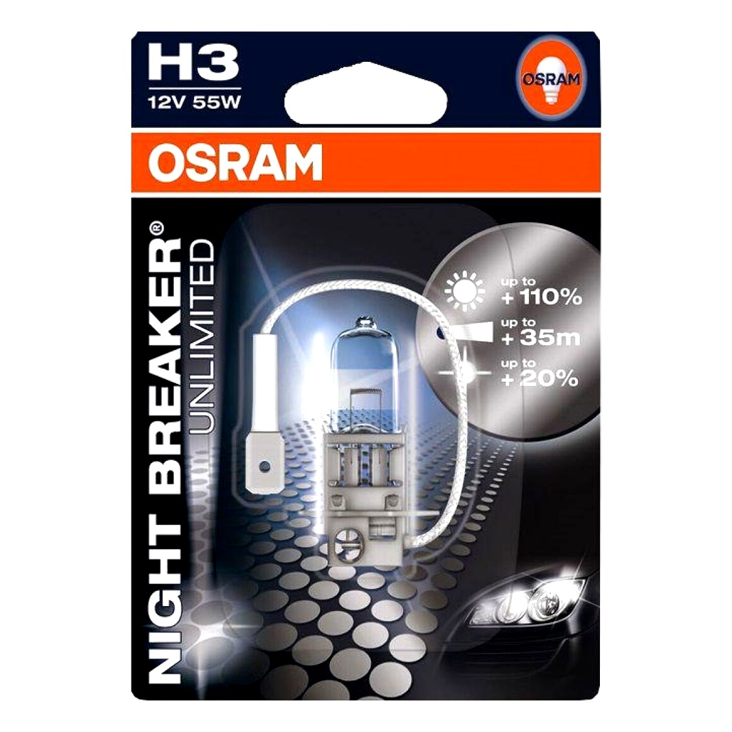 Автолампа галогенова OSRAM Night Breaker Unlimited H3 PK22s 55W 12V прозоро-блакитна 64151NBU01B - zapix