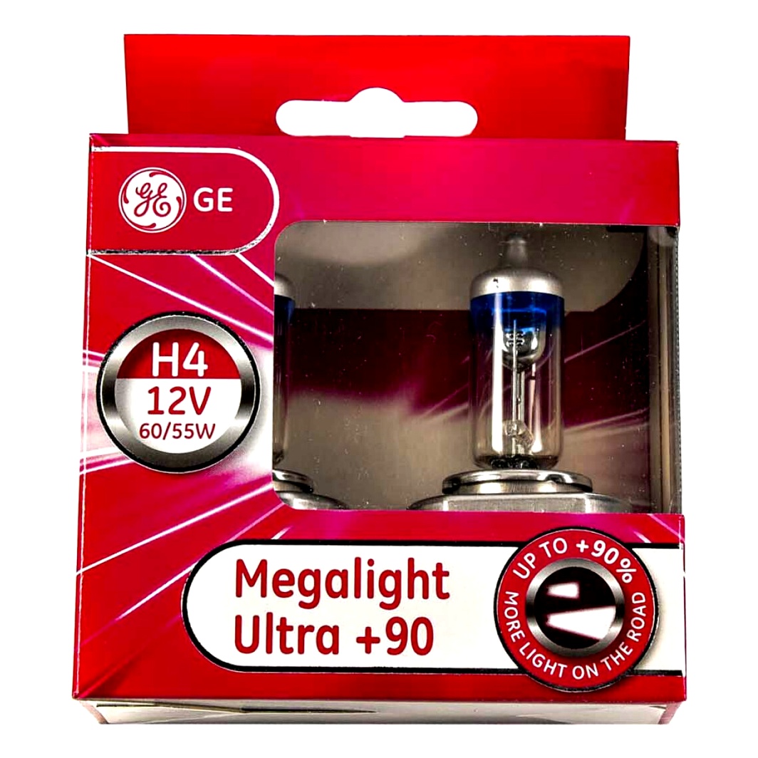 Автолампа галогеновая GENERAL ELECTRIC Megalight Ultra +90 H4 P43t 55W 12V прозрачно-голубая 50440SXU2D - zapix