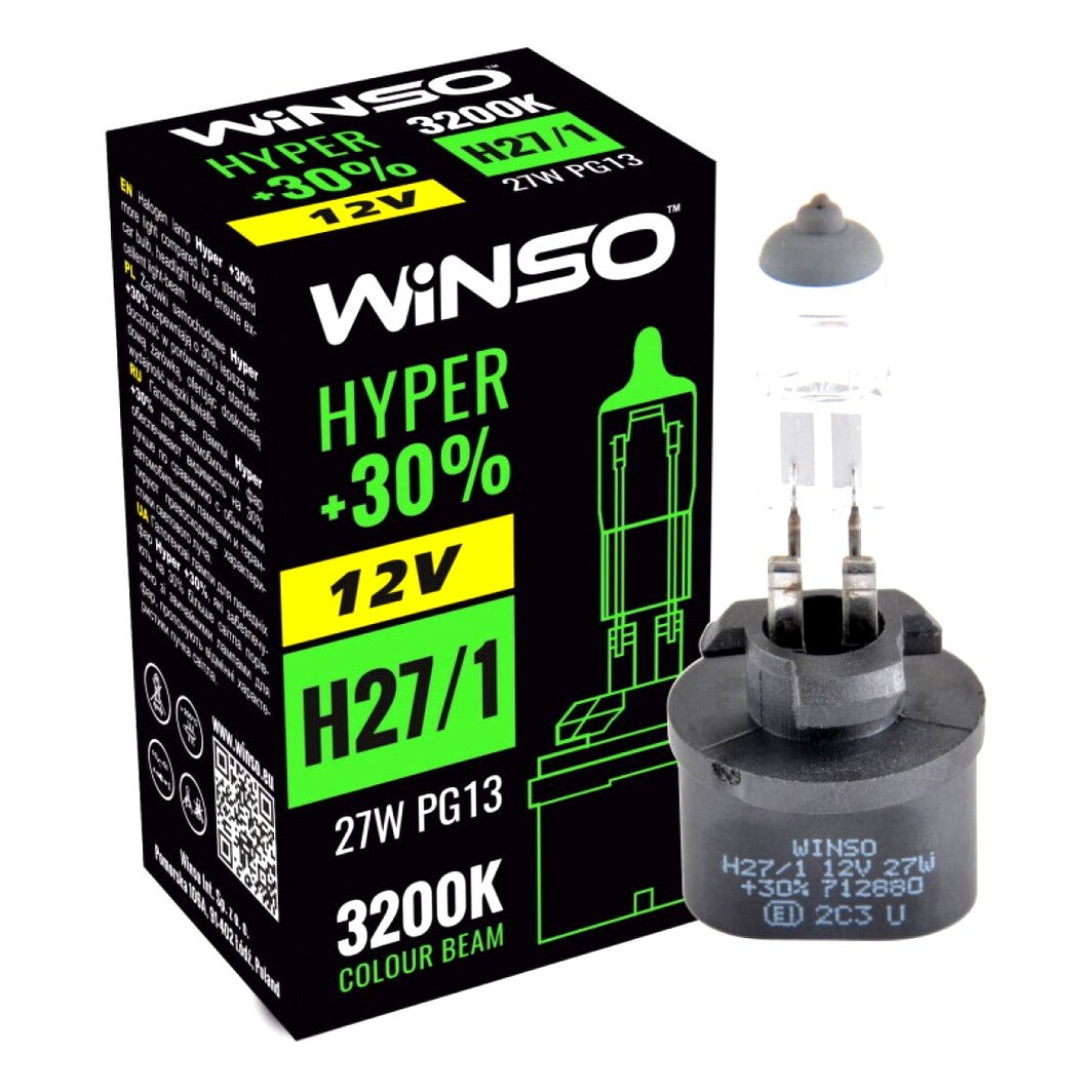 Автолампа галогеновая WINSO Hyper +30% H27/1 PG13 27W 12V прозрачная 712880 - zapix
