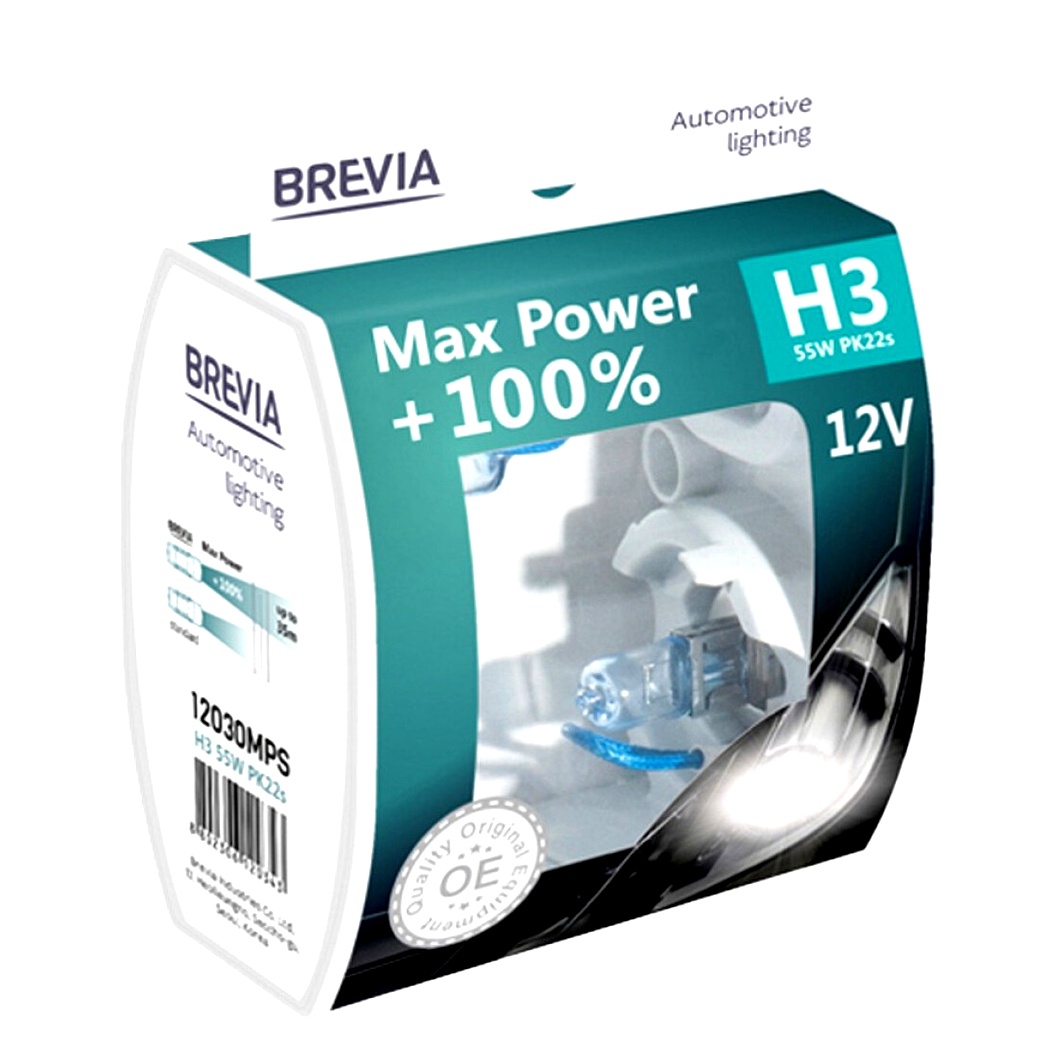 Автолампа галогенова BREVIA Max Power +100% H3 PK22s 55W 12V прозоро-блакитна 12030MPS - zapix