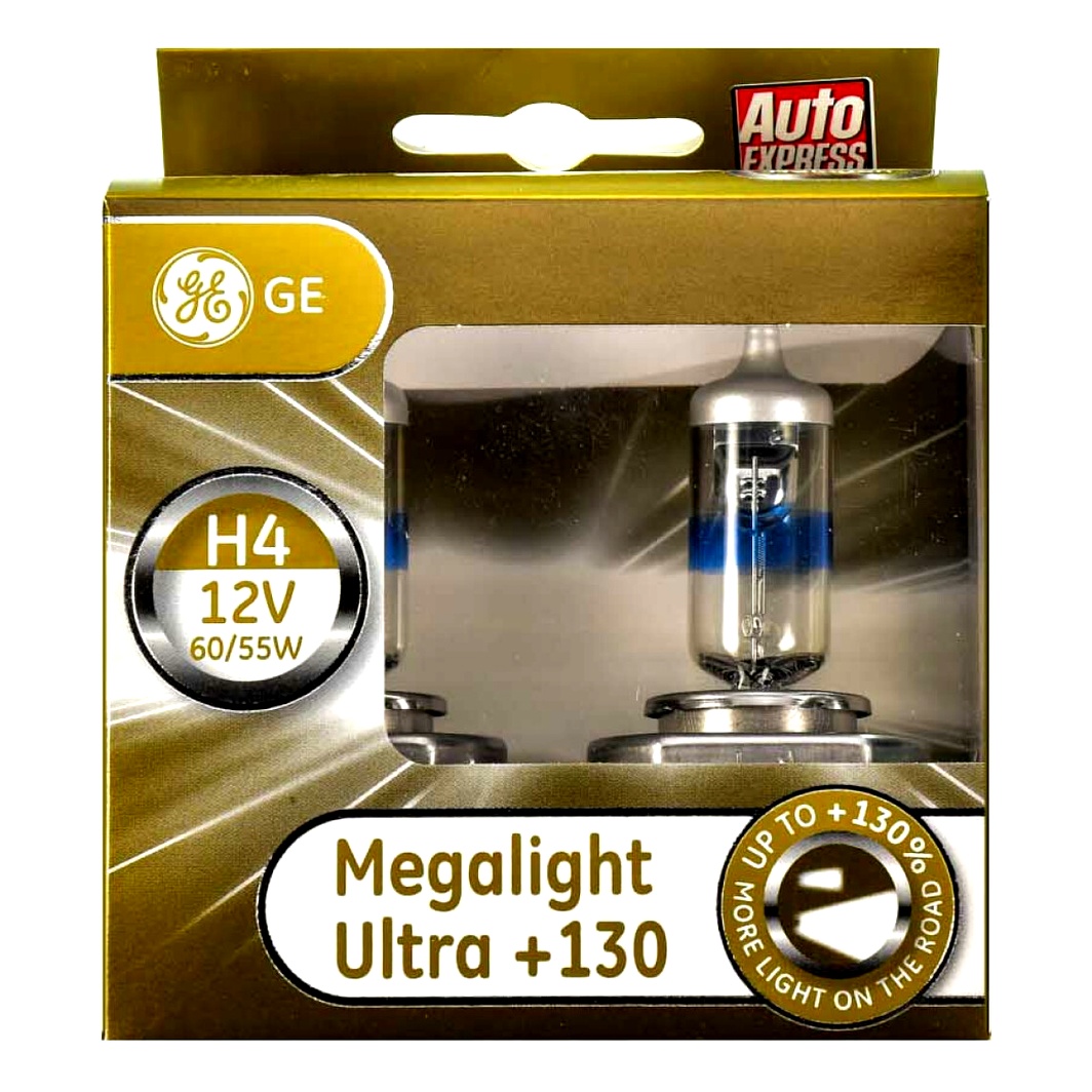 Автолампа галогеновая GENERAL ELECTRIC Megalight Ultra +130 H4 P43t 55W 12V прозрачно-голубая 50440XNU2D - zapix