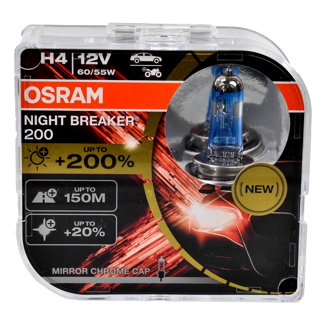 Автолампа галогенова OSRAM Night Breaker 200 H4 P43t 55W 12V прозоро-блакитна 64193NB200HCB - zapix