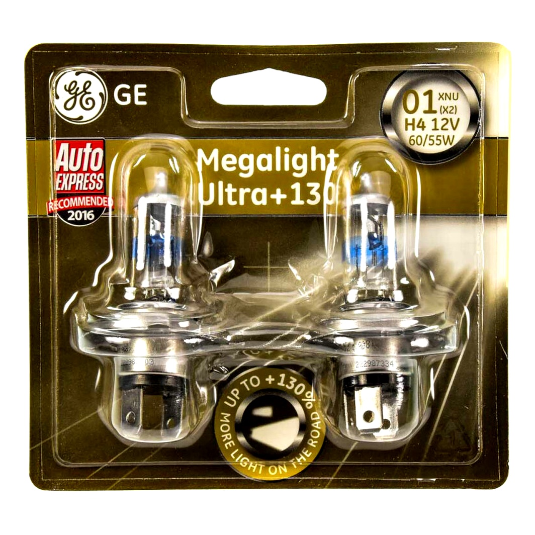 Автолампа галогенова GENERAL ELECTRIC Megalight Ultra +130 H4 P43t 55W 12V прозоро-блакитна 50440XNU2B - zapix