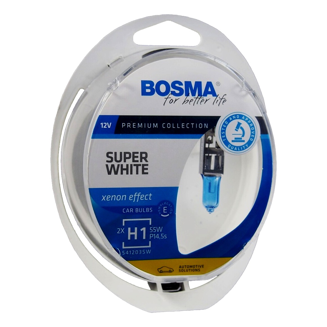 Автолампа галогенова BOSMA Super White H1 P14.5s 55W 12V прозоро-блакитна 3721 - zapix
