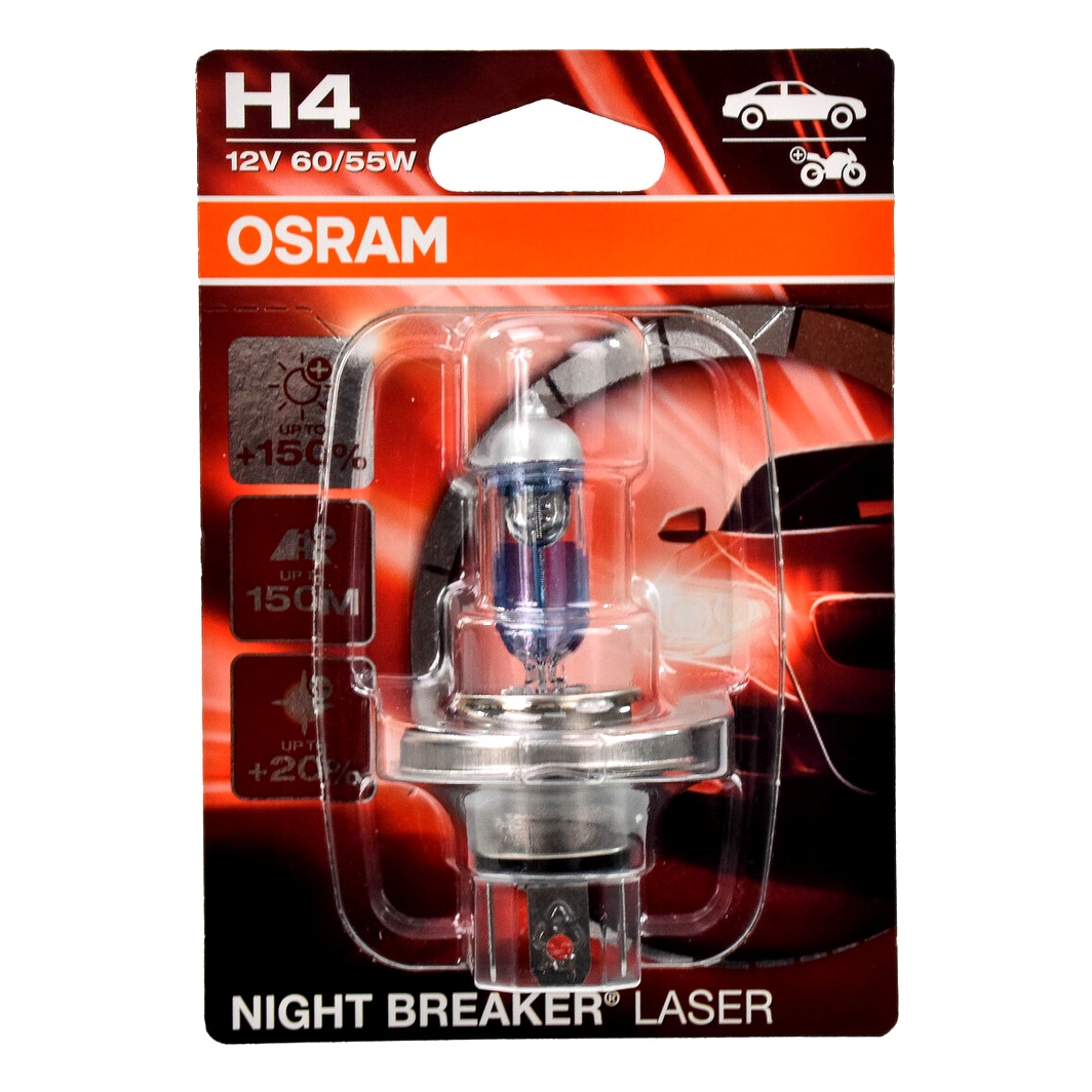 Автолампа галогенова OSRAM Night Breaker Laser H4 P43t 55W 12V прозоро-блакитна 64193NL01B - zapix