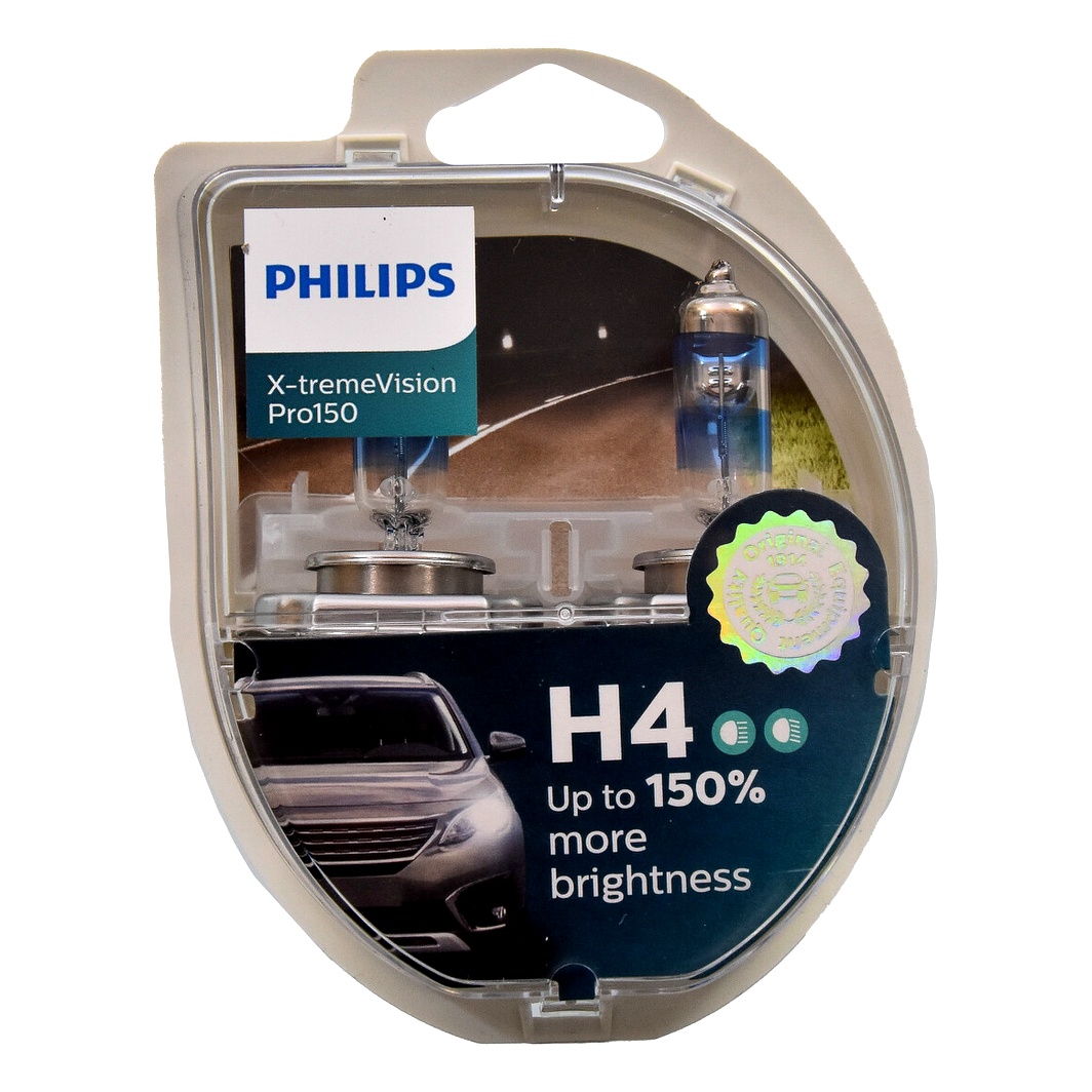 Автолампа галогенова PHILIPS X-tremeVision Pro150 H4 P43t-38 55W 12V прозоро-блакитна 12342XVPS2 - zapix