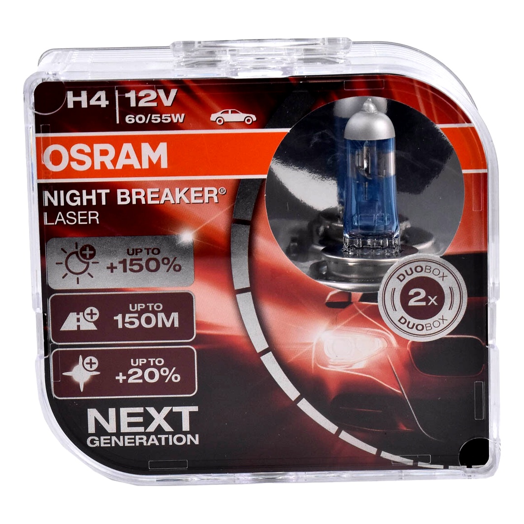 Автолампа галогенова OSRAM Night Breaker Laser H4 P43t 55W 12V прозоро-блакитна 64193NLHCB - zapix
