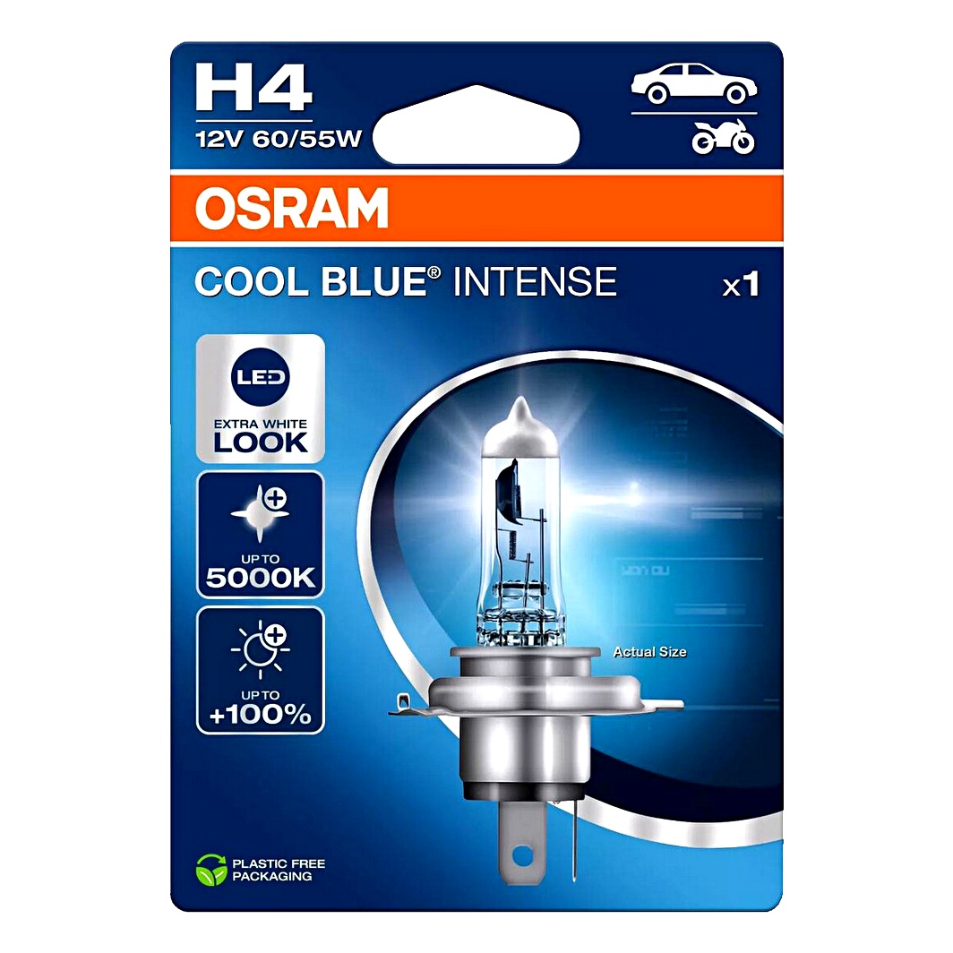 Автолампа галогенова OSRAM Cool Blue Intense (Next Gen) H4 P43t 55W 12V прозоро-блакитна 64193CBN1BL - zapix