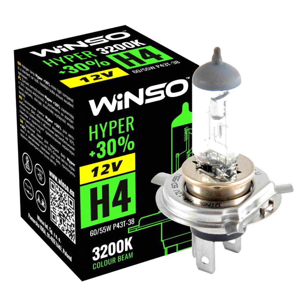 Автолампа галогеновая WINSO Hyper +30% H4 P43t-38 55W 12V прозрачная 712400 - zapix