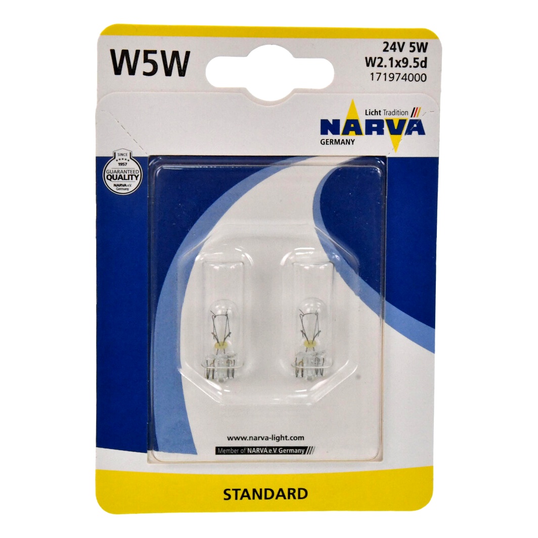 Автолампа розжарювання NARVA W5W W2.1x9.5d 5W 24V прозора 171974000 - zapix