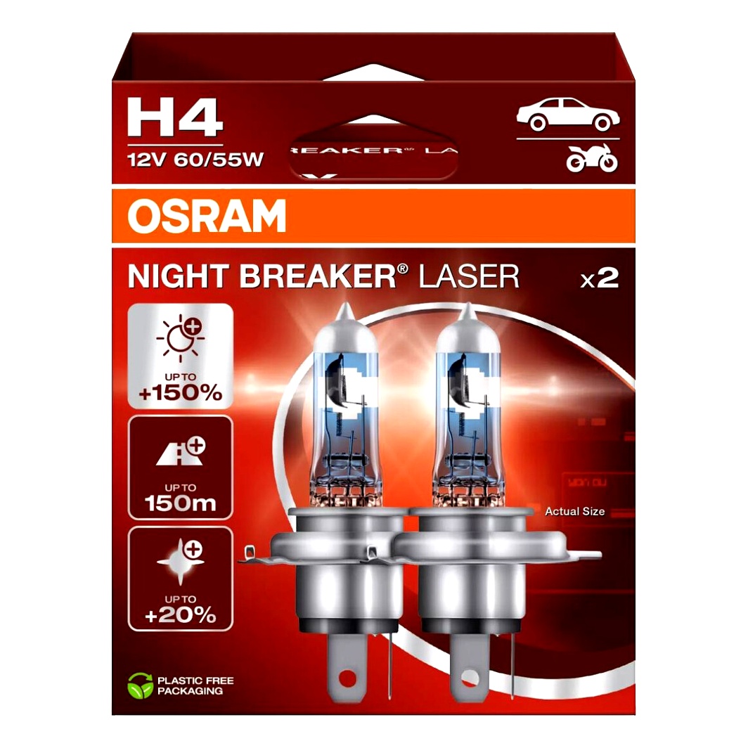 Автолампа галогенова OSRAM Night Breaker Laser H4 P43t 55W 12V прозоро-блакитна 64193NL2HB - zapix