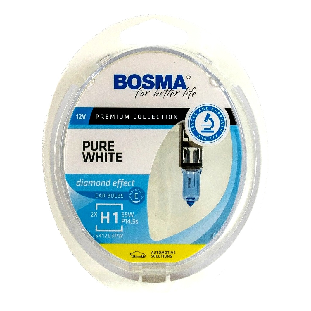 Автолампа галогеновая BOSMA PURE WHITE H1 P14.5s 55W 12V прозрачно-голубая 8900 - zapix