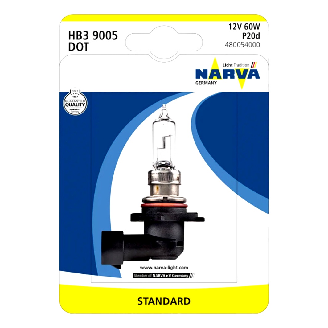 Автолампа галогенова NARVA Standard HB3 P20d 60W 12V прозора 480051B - zapix