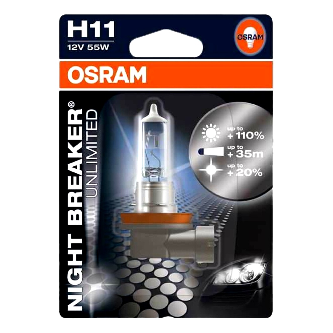 Автолампа галогенова OSRAM Night Breaker Unlimited H11 PGJ19-2 55W 12V прозоро-блакитна 64211NBU01B - zapix
