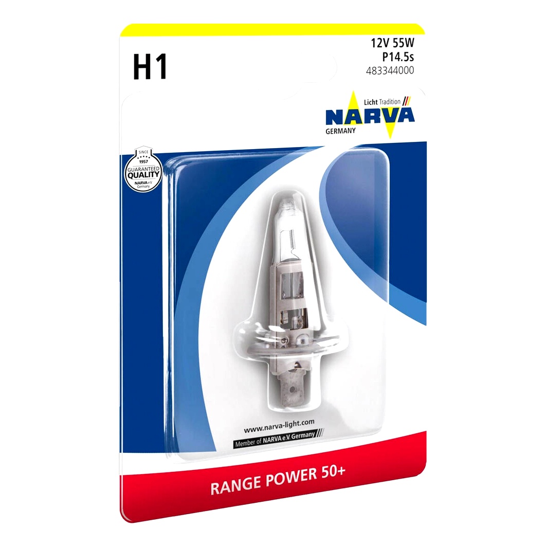 Автолампа галогенова NARVA Range Power 50+ H1 P14.5s 55W 12V прозора 483341B - zapix