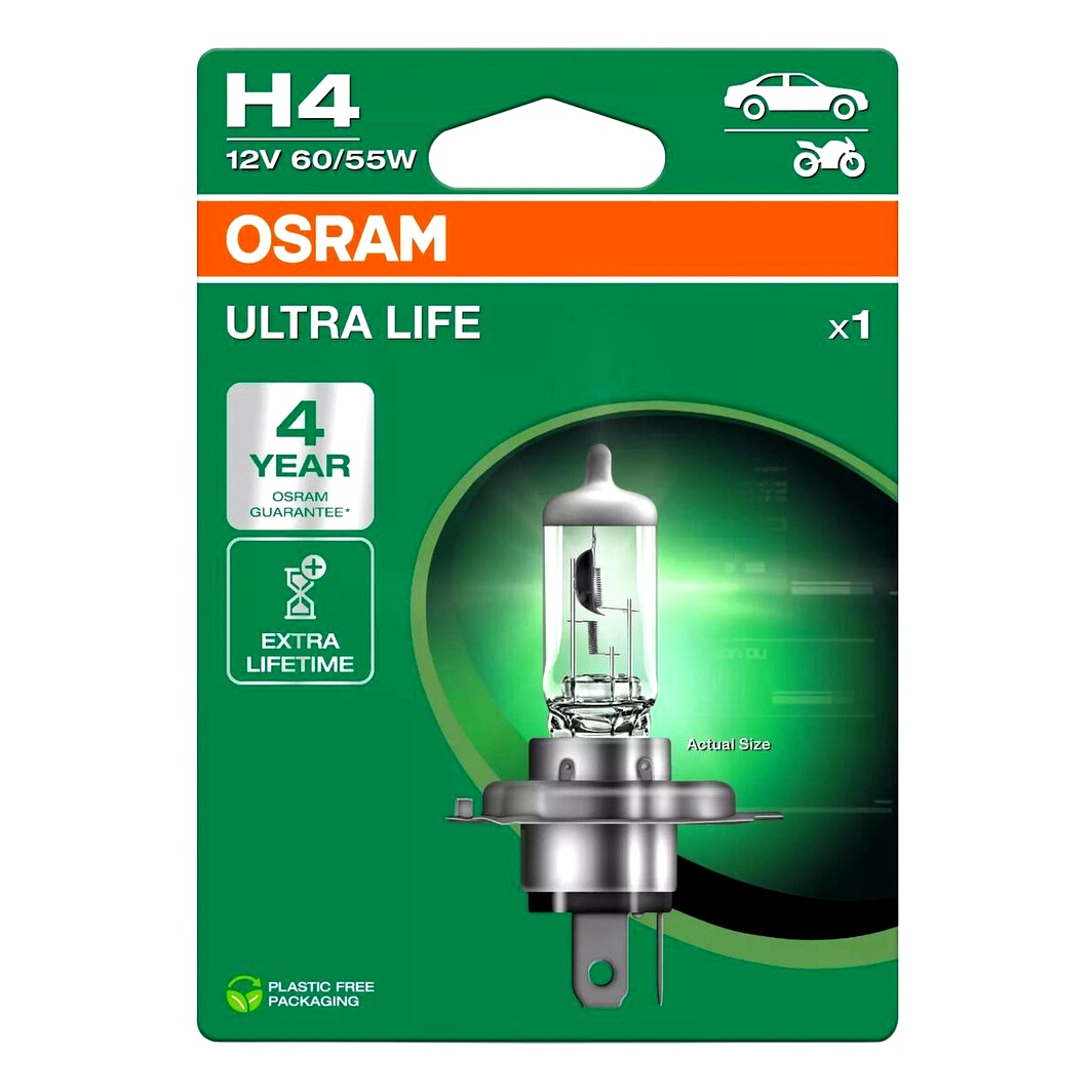 Автолампа галогенова OSRAM Ultra Life H4 P43t 55W 12V прозора 64193ULT1BL - zapix