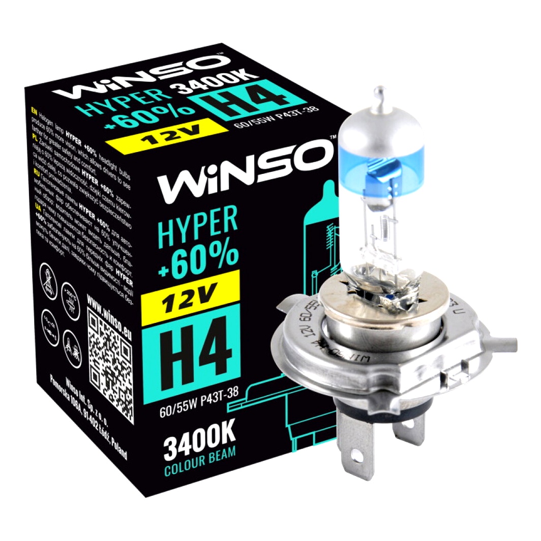 Автолампа галогенова WINSO Hyper +60% H4 P43t-38 55W 12V прозоро-блакитна 712420 - zapix