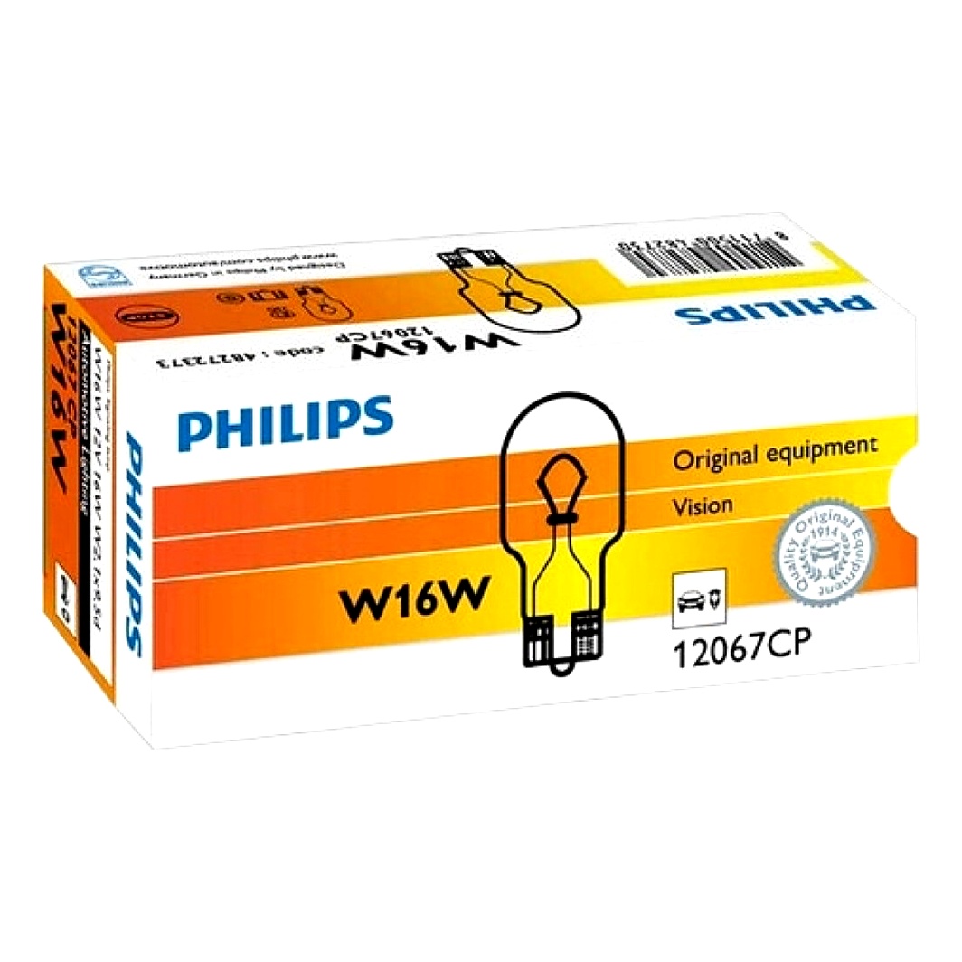 Автолампа розжарювання PHILIPS Vision W16W W2.1x9.5d 16W 12V прозора 12067CP10 - zapix