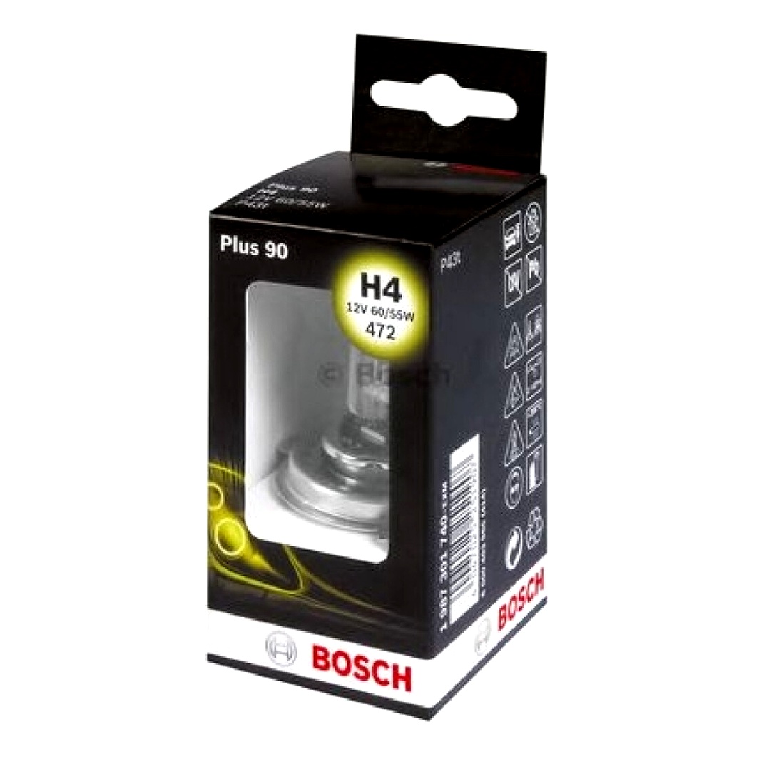 Автолампа галогеновая BOSCH Plus 90 H4 P43t 55W 12V прозрачная 1987301740 - zapix