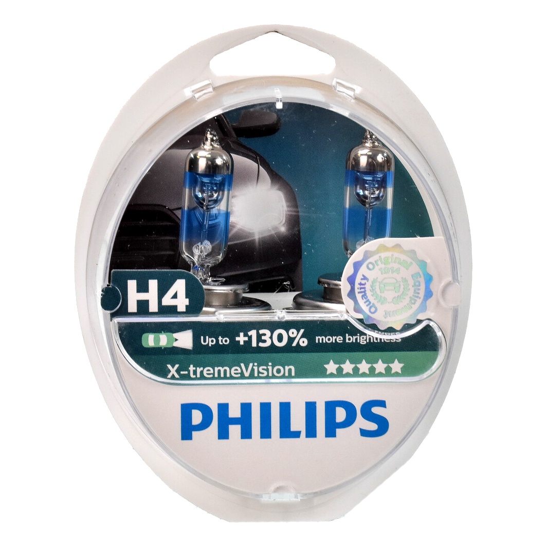 Автолампа галогенова PHILIPS X-tremeVision +130% H4 P43t-38 55W 12V прозоро-блакитна 12342XVS2 - zapix