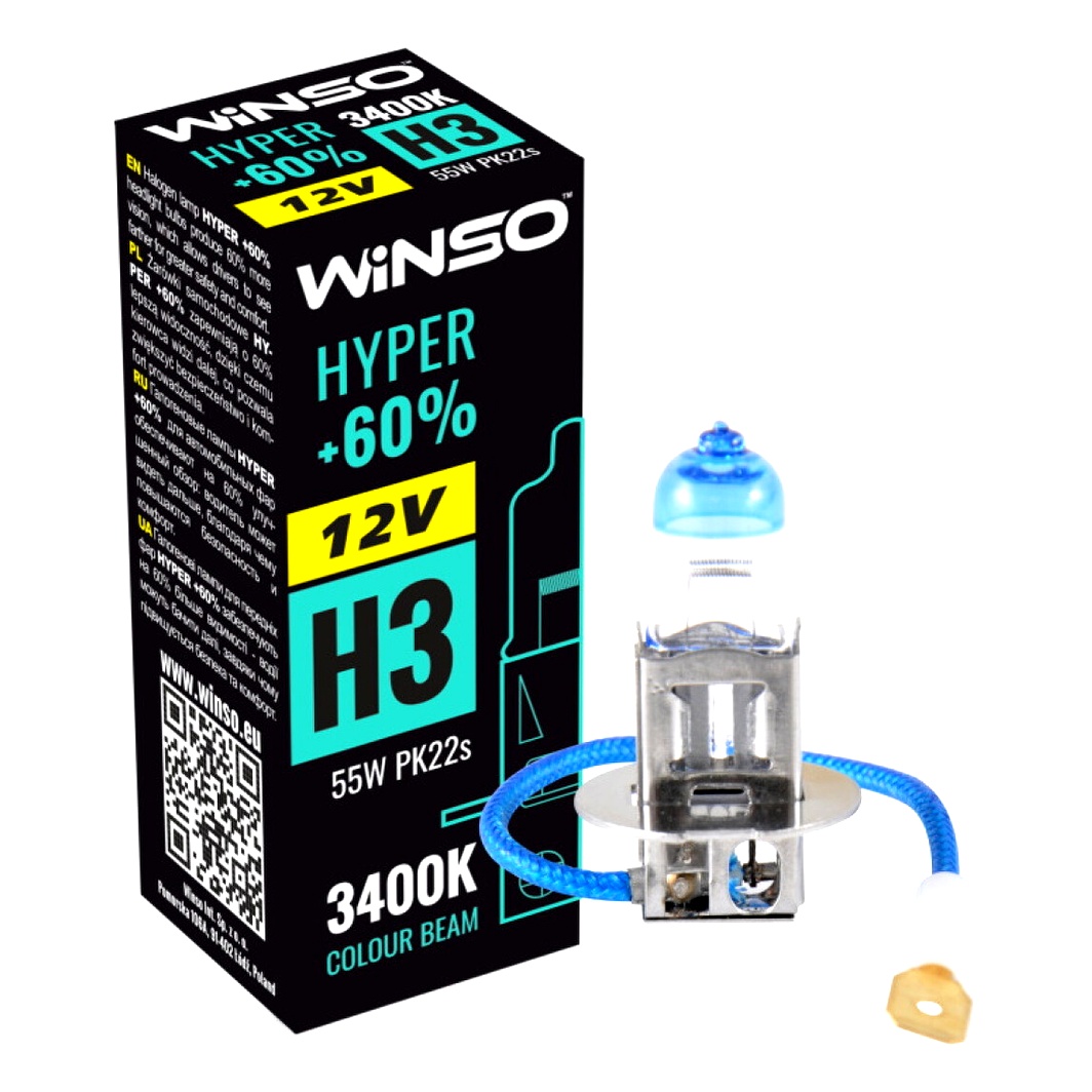 Автолампа галогеновая WINSO Hyper +60% H3 PK22s 55W 12V прозрачно-голубая 712320 - zapix
