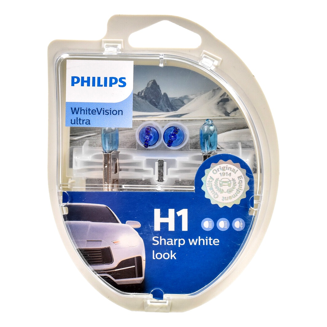 Автолампа галогенова PHILIPS WhiteVision Ultra H1 P14.5s 55W 12V світло-блакитна 12258WVUSM - zapix