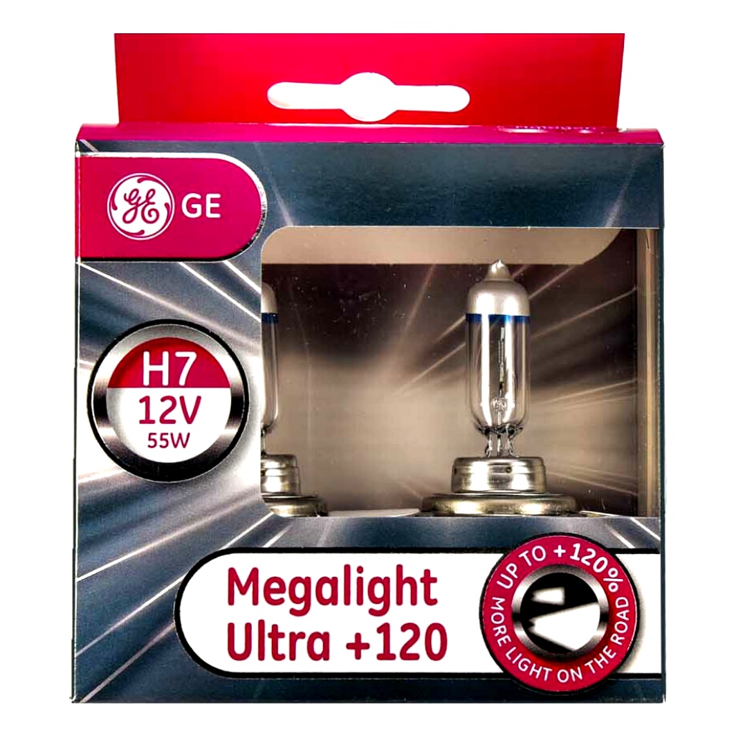 Автолампа галогеновая GENERAL ELECTRIC Megalight Ultra +120 H7 PX26d 55W 12V прозрачно-голубая 58520SNU2D - zapix