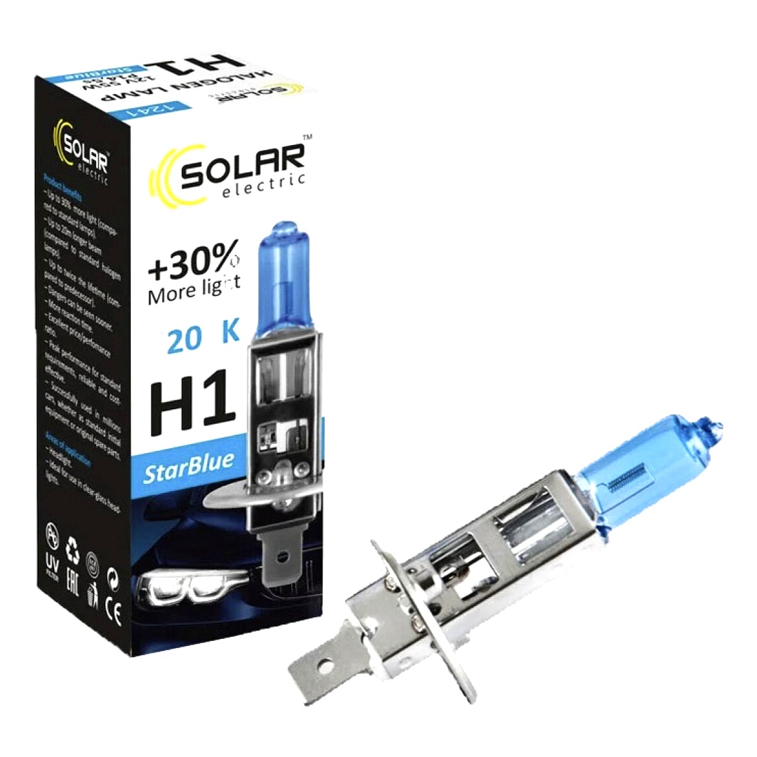 Автолампа галогеновая SOLAR StarBlue H1 P14.5s 55W 12V темно-голубая 1241 - zapix
