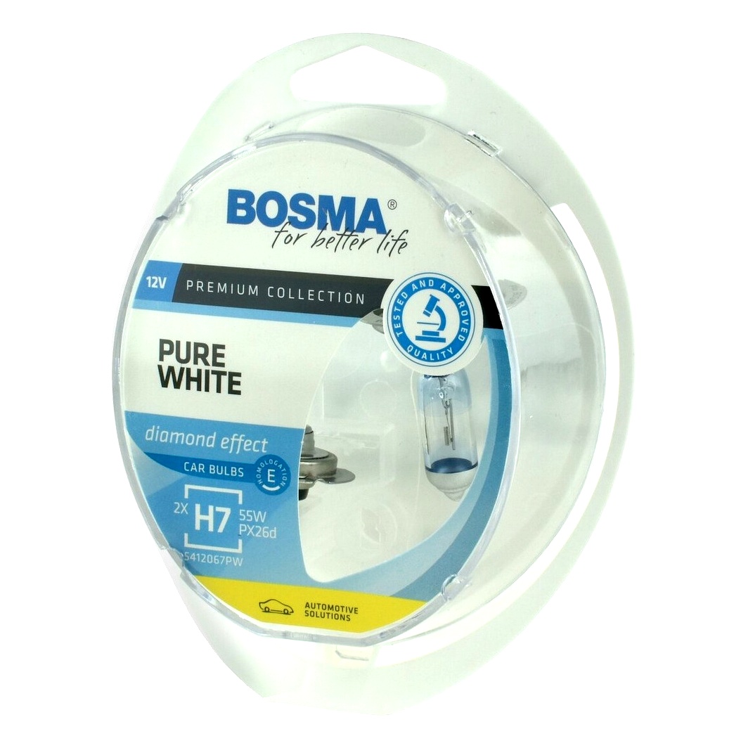 Автолампа галогеновая BOSMA PURE WHITE H7 PX26d 55W 12V прозрачно-голубая 8894 - zapix