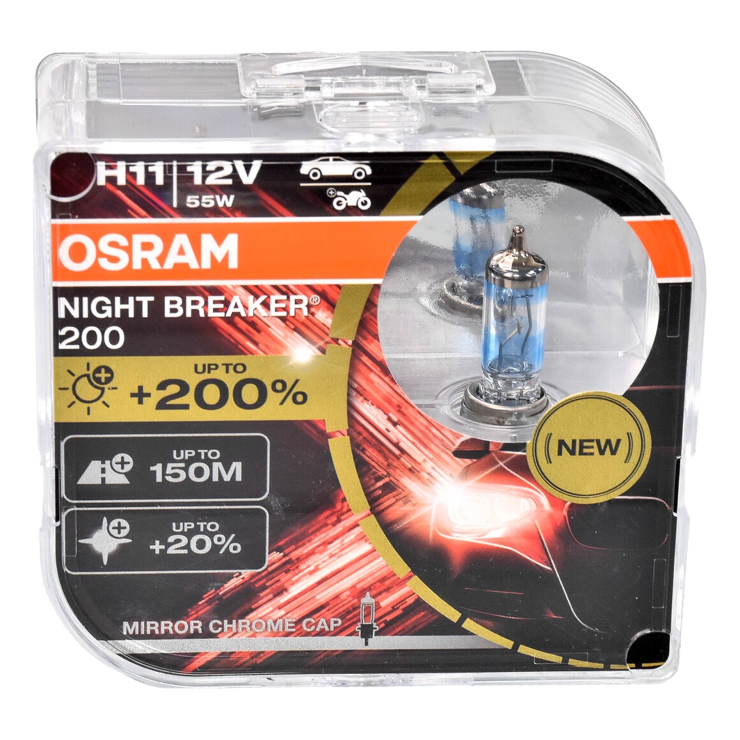 Автолампа галогенова OSRAM Night Breaker 200 H11 PGJ19-2 55W 12V прозоро-блакитна 64211NB200HCB - zapix