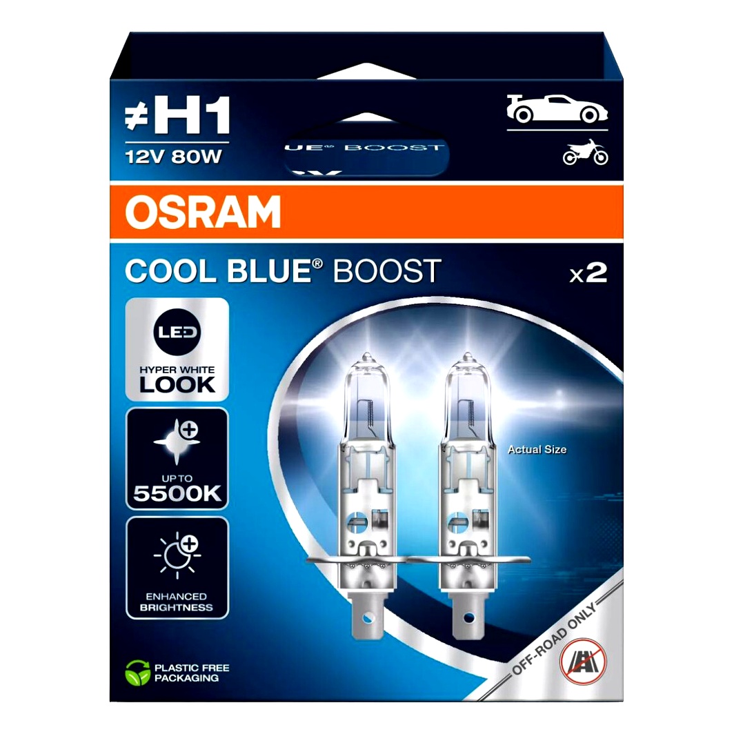 Автолампа галогенова OSRAM Cool Blue Boost H1 P14.5s 80W 12V прозоро-блакитна 62150CBB2HB - zapix