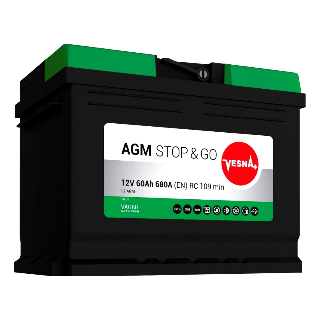 Акумулятор VESNA Stop&Go AGM 12V 60Ah 680A R+ 314060 - zapix