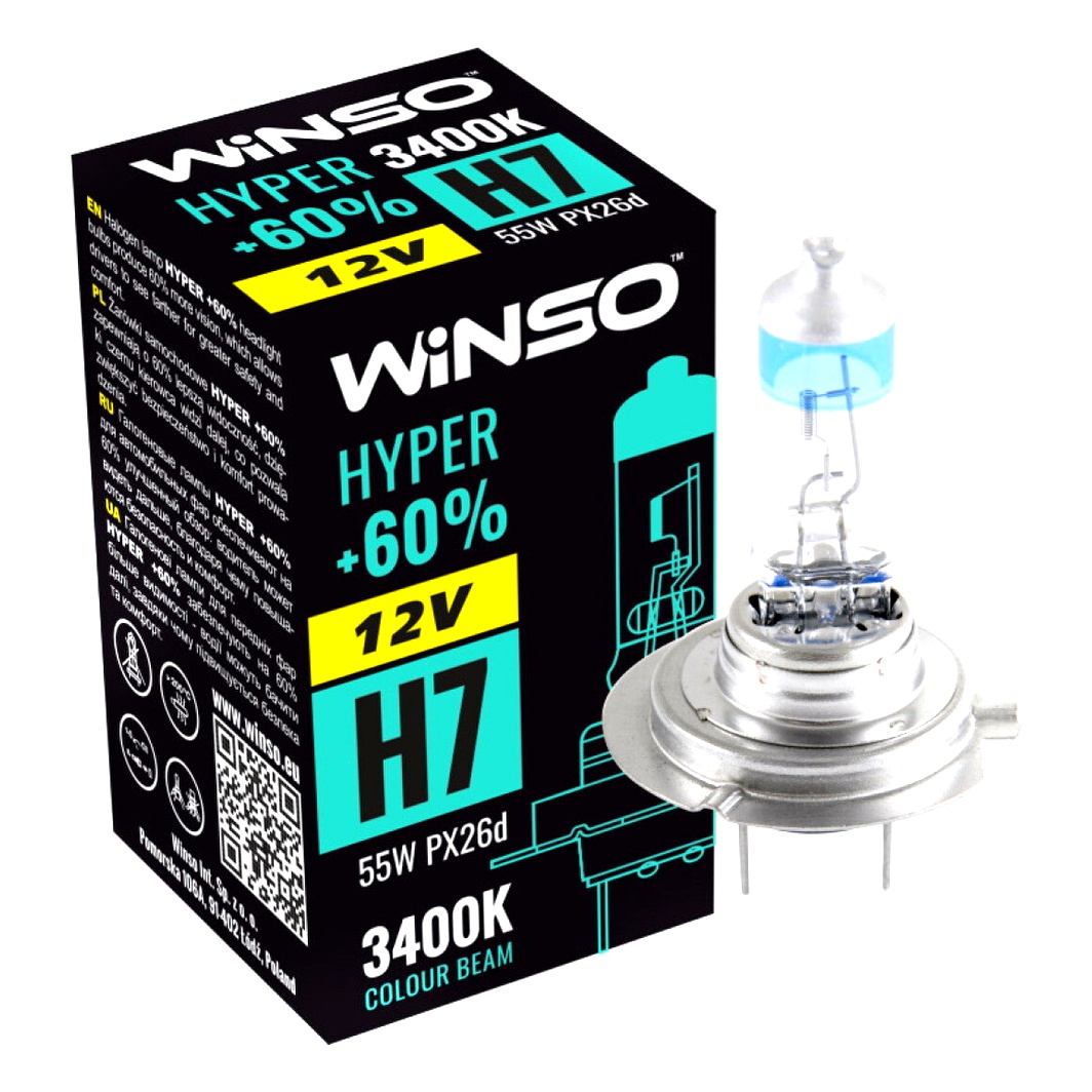 Автолампа галогенова WINSO Hyper +60% H7 PX26d 55W 12V прозоро-блакитна 712720 - zapix